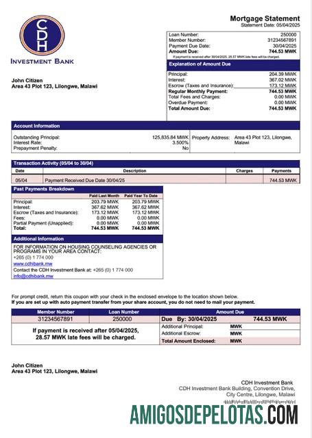 em branco Modelo Word e PDF de declaração de hipoteca do Banco de Investimento Malawi CDH